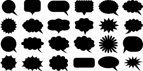 Collection of diverse black speech bubbles and comic book style thought clouds on a white background