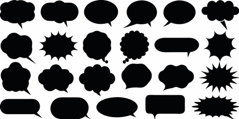 Collection of black speech bubbles and thought bubbles in various shapes and styles