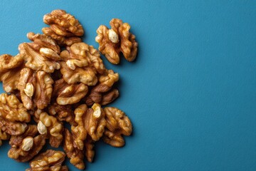 Obraz premium Shelled walnuts clustered on a teal background
