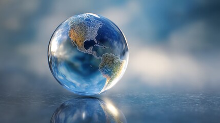Realistic glass globe of Earth showing North and South America with cloudy sky reflection, symbol of global unity, environment, and sustainability
