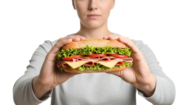 Submarine sandwich presentation held by a woman showcasing the fresh ingredients against a bright background providing a clear focus on the food and - Powered by Adobe