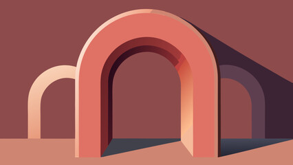 Minimalist illustration of three geometric archways in a warm, earthy color palette, with strong shadows adding depth and a modern architectural feel.