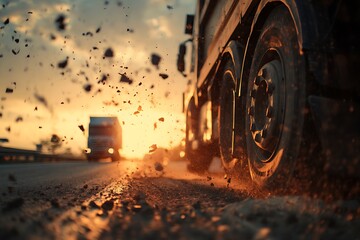 Close up of transport truck with dirt and gravel being thrown on road at sunset