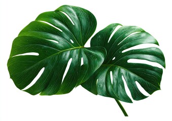 Two vibrant monstera leaves, deep green, ornate veining, isolated on white