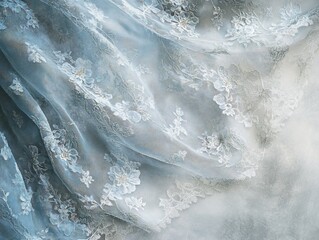 Delicate Floral Lace Fabric in Soft Blue Tones, close-up shot creating a gentle and elegant texture with intricate patterns and designs