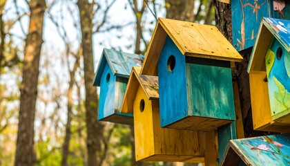 Colorful birdhouses on a tree