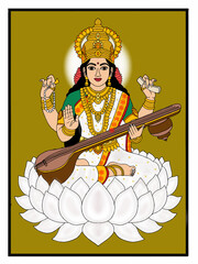 hand drawn digital art of goddess saraswati