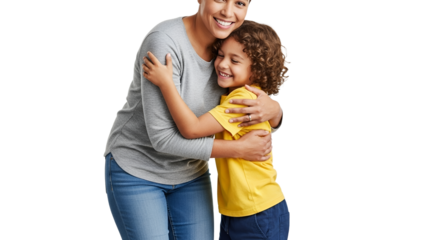 Loving Embrace: A Mother and Son Sharing a Heartwarming Moment of Tenderness and Connection on a Bright White Backdrop