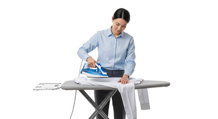 Attentive woman meticulously smoothing out creases on clothing with vibrant blue and white iron showcasing domestic diligence and pressing expertise