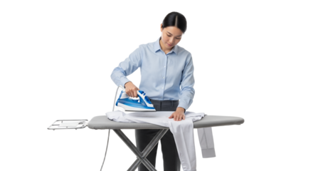 Attentive woman meticulously smoothing out creases on clothing with vibrant blue and white iron showcasing domestic diligence and pressing expertise