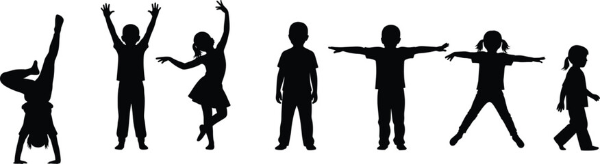 Silhouette of Active Children Playing, Dancing, and Exercising in Different Poses on White Background for Kids Fitness and Activity Concept