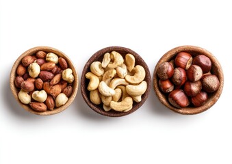 Three small wooden bowls, each filled with different nuts, arranged horizontally on a white background.  A top-down view