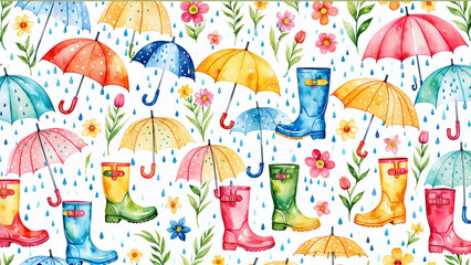 Colorful Watercolor Pattern of Umbrellas and Rain Boots
