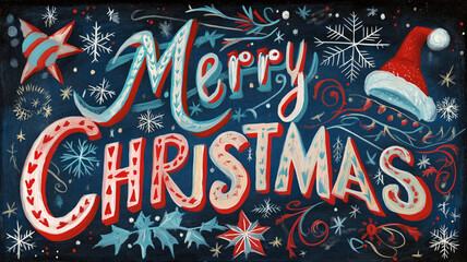 クリスマスを祝うメッセージMerry Christmasを大きく配置し、雪の結晶や星、サンタ帽子をあしらったカラフルなイラストデザイン、冬のシーズンイベントやカードデザイン、SNSアイキャッチに最適な温かみのある装飾素材