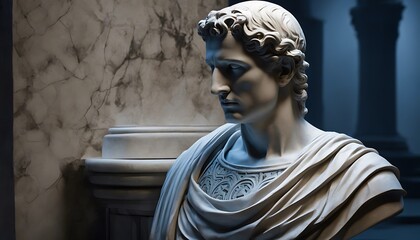 A marble bust of a man with curly hair and draped clothing in a classical setting with columns