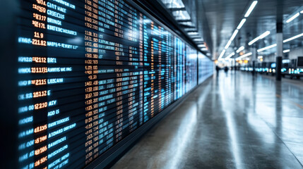Digital display board showing flight information in airport terminal, illuminated with blue text
