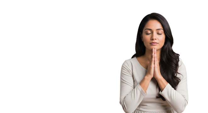 Serene supplication: a woman in quiet contemplation with interlaced hands against white manifesting calmness and spirituality in solitude
