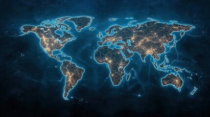Illuminated world map showcasing global connectivity and urban areas at night