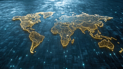 Illuminated world map with glowing lines and digital background, showcasing global connectivity