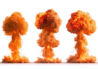 Three stages of a fiery explosion against a white background