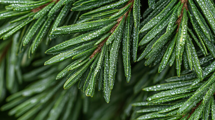 Lush green pine needles glisten with morning dew, showcasing nature beauty and freshness