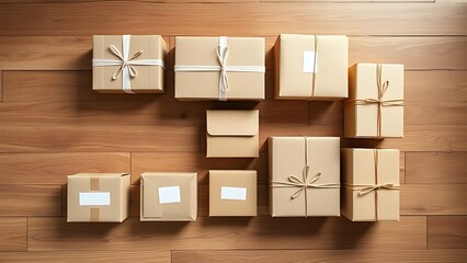 Minimalist arrangement of parcel boxes on a wooden surface for delivery concept.