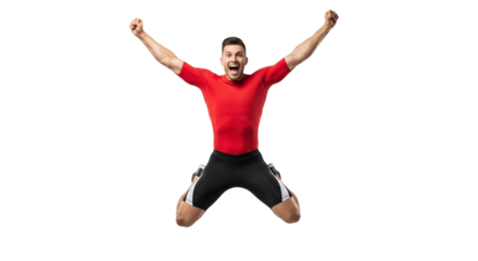 Athletic man in red euphoric leap, capturing peak joy with expressive face and dynamic pose against a stark white backdrop perfect for portraying