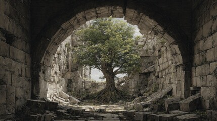 Obraz premium Tree growing from ruins