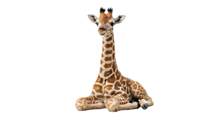 Gentle Giraffe Portrait: A Young Calf Resting on White Background Displaying Natural Elegance and Calming Presence with Curious Gaze for Serene Art