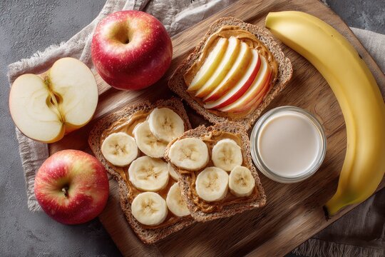 Healthy breakfast sandwich with apples, bananas, and peanut butter