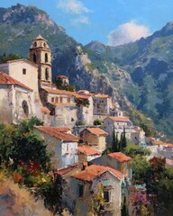 Obraz premium Hillside village church, Mediterranean mountains, sunny day, tourism postcard