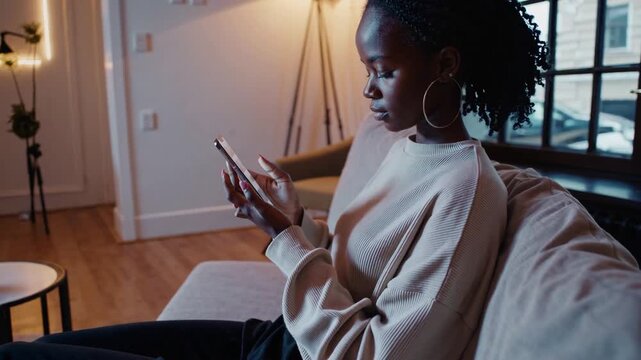 Young Woman of African Descent Utilizing Smartphone Device for Social Media Interaction