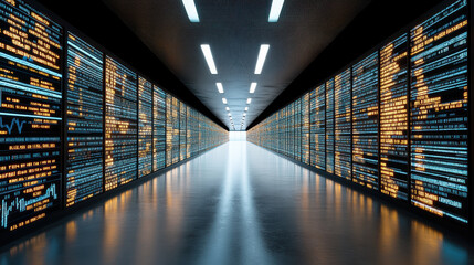 Digital display corridor showcasing real time economic data and analytics, creating futuristic