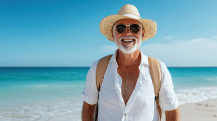Smiling senior man wearing sunglasses and straw hat enjoys sunny beach day