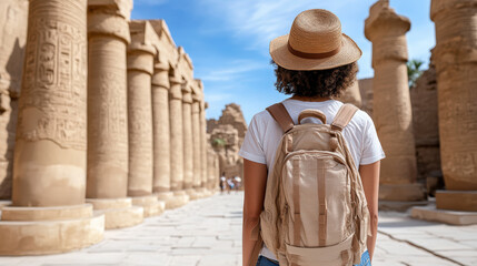 Fototapeta premium Exploring ancient ruins, traveler admires historical columns under blue sky