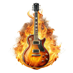 Electric guitar on fire with flames isolated on black background