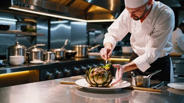 Male Culinary Expert Pouring Sauce onto Plate of Prepared Artichoke Vegetable Dish