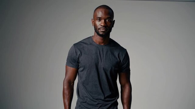 African-American black man in dark gray t-shirt and blue jeans standing in front of white background in studio and looking at camera.