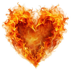 A heart shape made of intense orange and yellow flames on black background