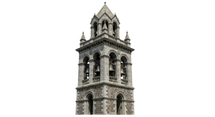 Majestic campanile on a pristine background, showcases intricate stonework and historical architecture, embodying timeless elegance and spiritual