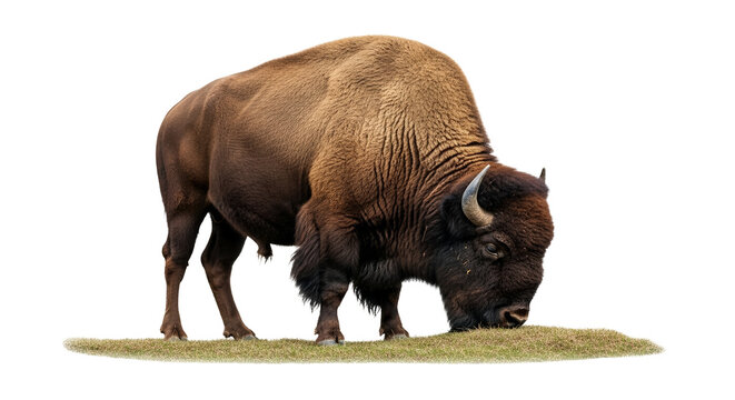 Majestic Bison Grazing on a Patch of Greenery Against a Clean White Backdrop Displaying Raw Beauty