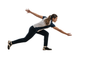 A Focused Female Athlete Delivers a Powerful Bowling Ball on a White Studio Backdrop Showing Precision and Focus with Energetic Motion and Clarity
