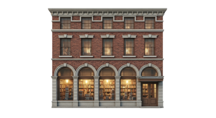 Architectural facade of three-story brick building with arched windows showcases a bookstore, blending classical design with intellectual appeal