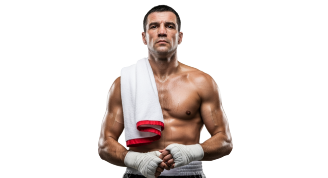 Determined boxer with intense gaze, towel draped on shoulders, showcasing post-workout strength and athletic prowess in a studio setting