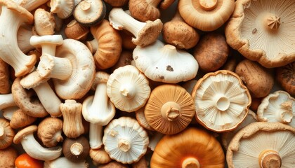 Realistic image of fresh Reishi mushrooms on a wooden surface, natural lighting, used in herbal medicine