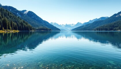 Fototapeta premium A tranquil view of a calm lake bordered by tree covered mountains with hints of snow in the distance