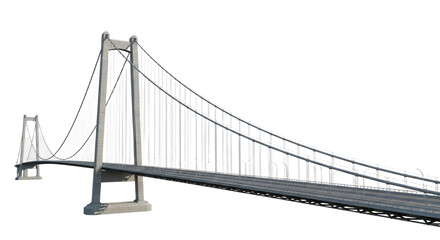A detailed rendering showcases a modern suspension bridge against a pure white backdrop creating a sense of minimalist architectural elegance