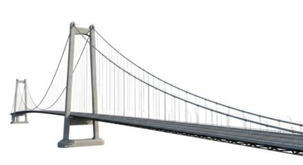 A detailed rendering showcases a modern suspension bridge against a pure white backdrop creating a sense of minimalist architectural elegance
