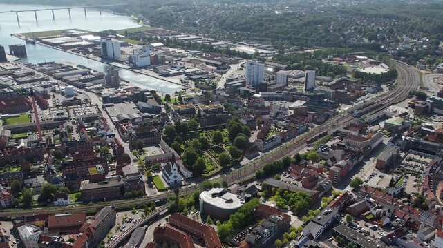 Aerial panorama of the downtown of the city Vejle in Denmark on a sunny summer day.
