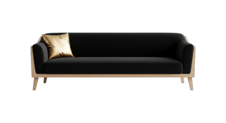 Elegant black couch with light wood frame and gold pillow, isolated